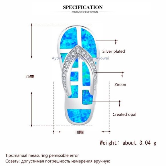 Hawaiian Blue Fire Opal Flip Flop Necklace Pendant Silver Plated Rhinestones NIB - Picture 5 of 8